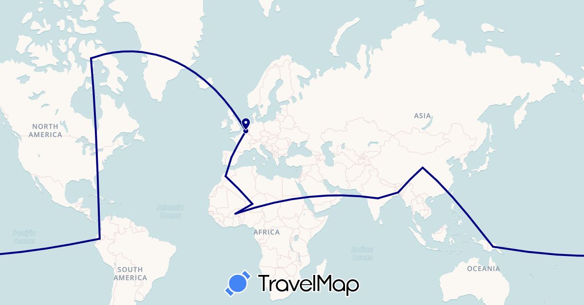 TravelMap itinerary: driving in Bangladesh, Belgium, Burkina Faso, Canada, China, Ecuador, Spain, India, Morocco, Niger, Papua New Guinea (Africa, Asia, Europe, North America, Oceania, South America)